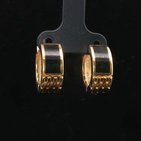 18k Yellow Gold and Black Enamel Solid Heavy Huggie Earrings