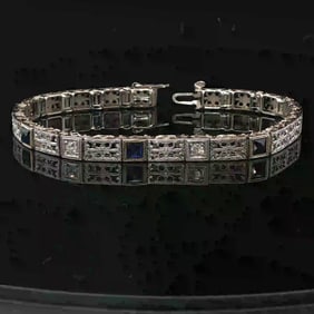 14k White Gold Blue Sapphire and Diamond Vintage Filigree Bracelet 6.5"