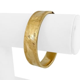 14k Yellow Gold Vintage Ladies Floral Bangle Bracelet 6.75"