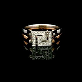 14k White and Rose Gold Diamond Greek Key Two Band Ring Size 6.5