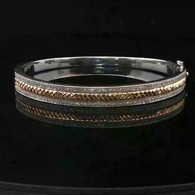 14k White and Yellow Gold Diamond Solid Heavy Bangle Bracelet 6.75"