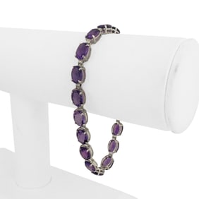 14k White Gold and Amethyst Ladies Link Bracelet 7.5"