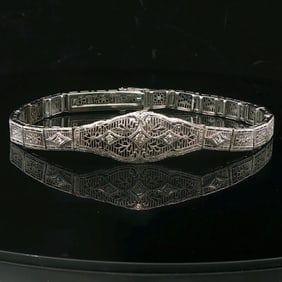 14k White Gold and Diamond Vintage Intricate Filigree Bracelet 7.25"