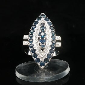 14k White Gold Blue Sapphire and Diamond Large Vintage Ring Size 7