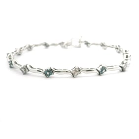 14k White Gold Ladies White and Blue Diamond Floral Link Bracelet 7.5"