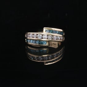 14k Yellow Gold 1.5cttw White and Blue Diamond Bypass Ring Size 6