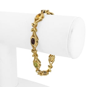 14k Yellow Gold Ladies Floral Multi Cabochon Gemstone Link Bracelet 7.25"