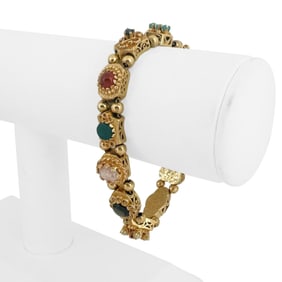 14k Yellow Gold Heavy Vintage Multi Gemstone Slide Charm Bracelet 7"
