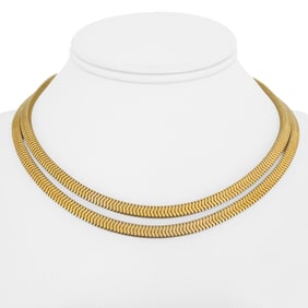 14k Yellow Gold Very Heavy Vintage Double Strand Squared Snake Necklace 15"