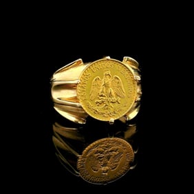 14k Yellow Gold and .900 Mexican Dos Peso Coin Ring Size 9