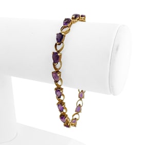 14k Yellow Gold and Amethyst Ladies Vintage Heart Link Bracelet 7.25"
