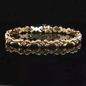 14k Yellow Gold and Diamond Solid Vintage Bow Link Bracelet 6.75"