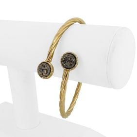 14k Yellow Gold and Metallic Druzy Quartz Crystal Bypass Bangle Bracelet 7.5"