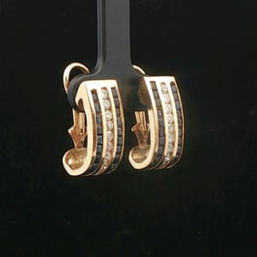 14k Yellow Gold Blue Sapphire and Diamond Huggie Earrings