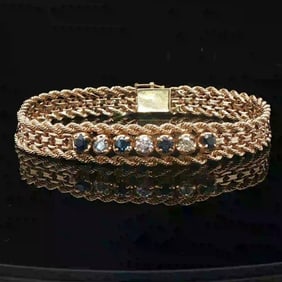 14k Yellow Gold Blue Sapphire and Diamond Rope and Bismark Bracelet 7.5"