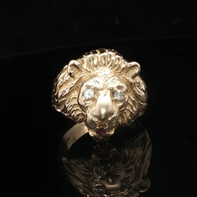 14k Yellow Gold Diamond and Ruby Heavy Lion's Head Ring Size 8
