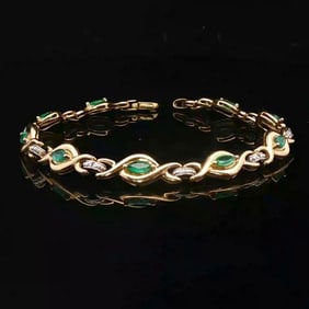 14k Yellow Gold Emerald and Diamond Ladies Fancy Link Bracelet 6.5"