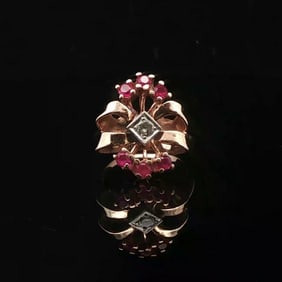 14k Yellow Gold Ruby and Diamond Ladies Fancy Retro Ring Size 6