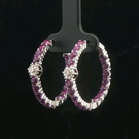 18k White Gold Amethyst and Diamond Inside Out Hoop Earrings Italy 1"
