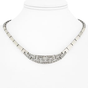 18k White Gold and Diamond Greek Key Bar Link Necklace 17"