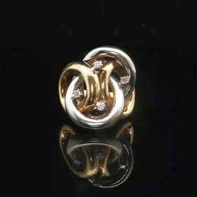 18k Yellow and White Gold Diamond Interlocking Ring Italy Size 4.25