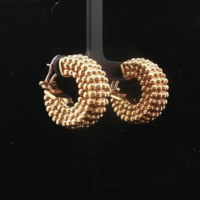 18k Yellow Gold Vintage Beaded Thick Hoop Earrings Italy 1"