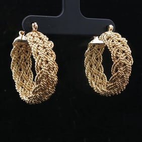 18k Yellow Gold Solid Heavy Braided Rope Hoop Earrings 1.25"