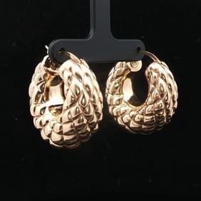 18k Yellow Gold Ladies Puffed Quilted Chunky Hoop Earrings 1.2"