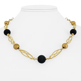 18k Yellow Gold and Black Matte Resin Ball Ladies Necklace Italy 18"