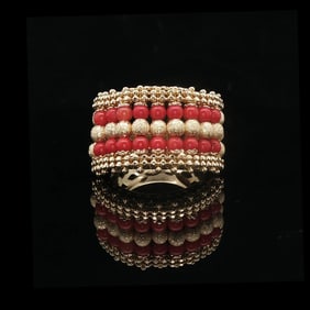 18k Yellow Gold and Coral Ladies Vintage Ball Bead Ring Italy Size 7