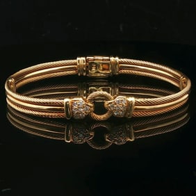18k Yellow Gold and Diamond Vintage Cable Bangle Bracelet 6.5"
