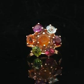 18k Yellow Gold and Multi Gemstone Ladies Floral Ring Size 7.5