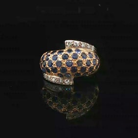 18k Yellow Gold Blue Sapphire and Diamond Bypass Bombe Ring Size 9