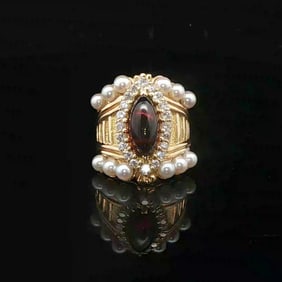 18k Yellow Gold Garnet Pearl and 1cttw Diamond Heavy Ladies Ring Size 6