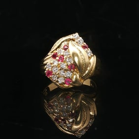 18k Yellow Gold Ruby and 0.45cttw Diamond Ladies Floral Ring Size 7.5