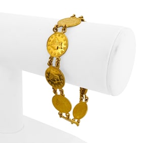 24k Pure Yellow Gold Solid Heavy Coin Link Bracelet 7.5"