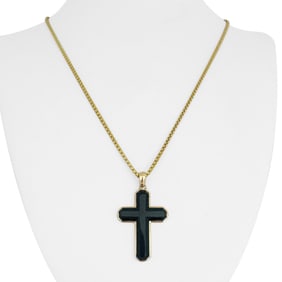 Effy 14k Yellow Gold and Black Onyx Cross Pendant Necklace 24"