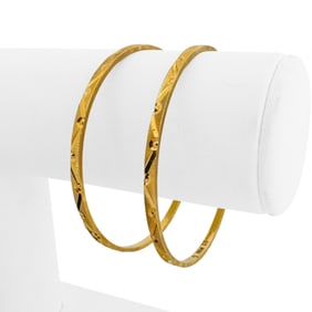 Pair of 22k Yellow Gold Solid Fancy Slip On Bangle Bracelets 7"