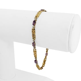 14k Yellow Gold Amethyst and Diamond Ladies Fancy Link Bracelet 7"