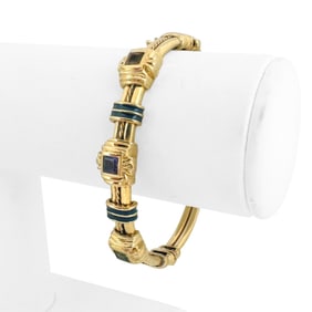 14k Yellow Gold and Multi Gemstone Solid Heavy Bangle Bracelet 6.5"