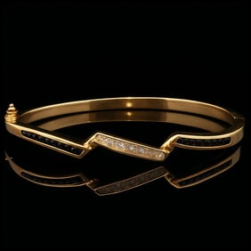 14k Yellow Gold Blue Sapphire and Diamond Bangle Bracelet 6.5"