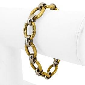 18k Yellow and White Gold Two Tone Ladies Fancy Link Bracelet Italy 7"