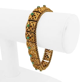 18k Yellow Gold Solid Vintage Turquoise Square Link Bracelet 7.25"