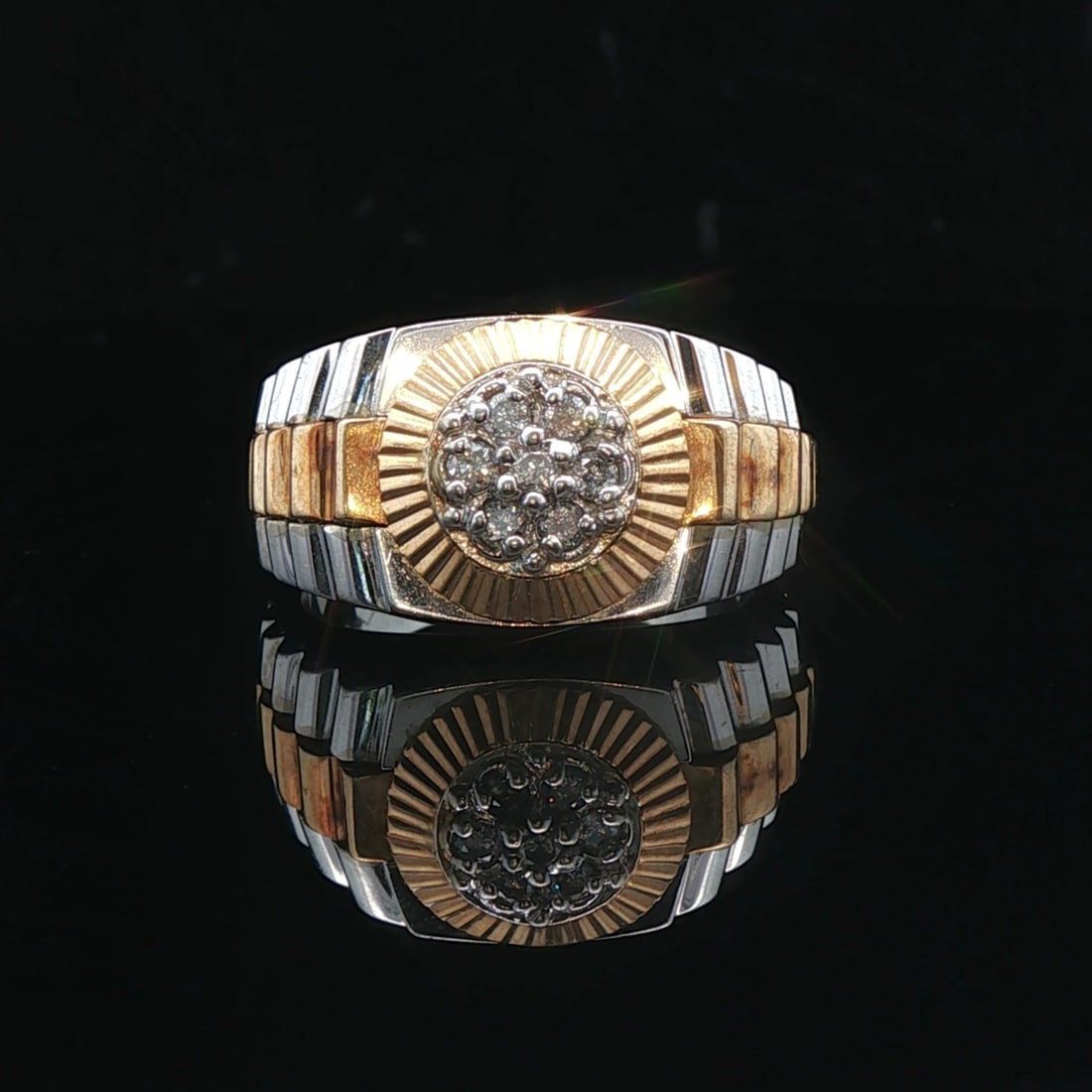 10k White and Yellow Gold Diamond Men's Watch Style Ring Size 10