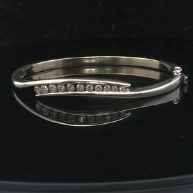 14k White Gold and 1cttw Diamond Solid Heavy Bypass Bangle Bracelet 6.75"