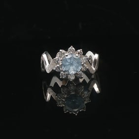 14k White Gold Aquamarine and Diamond Halo Zig Zag Band Ring Size 5.5