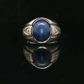 14k White Gold Blue Star Sapphire and Diamond Ring Size 6.5