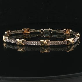 14k Yellow and White Gold 1cttw Diamond X Bar Link Bracelet 7.75"