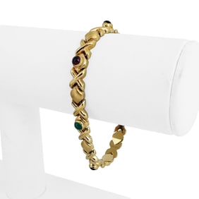 14k Yellow Gold Multi Cabochon Gemstone XO Link Bracelet 7"