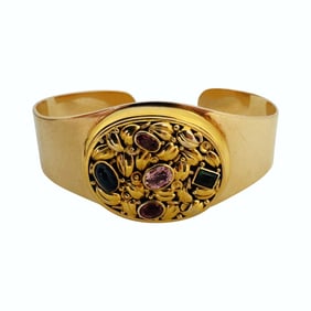 14k Yellow Gold and Multi Gemstone Solid Heavy Cuff Bracelet 6.5"